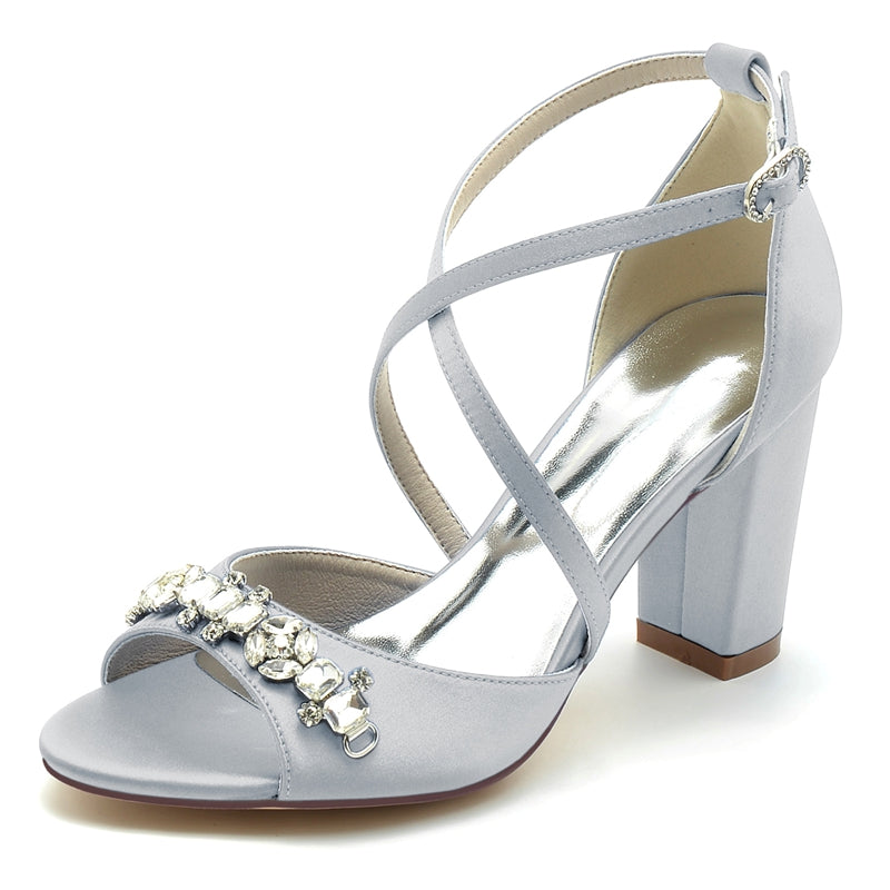 Women's Wedding Shoes Block Heel Crossed Strap Buckle Bridal Shoes with Rhinestone