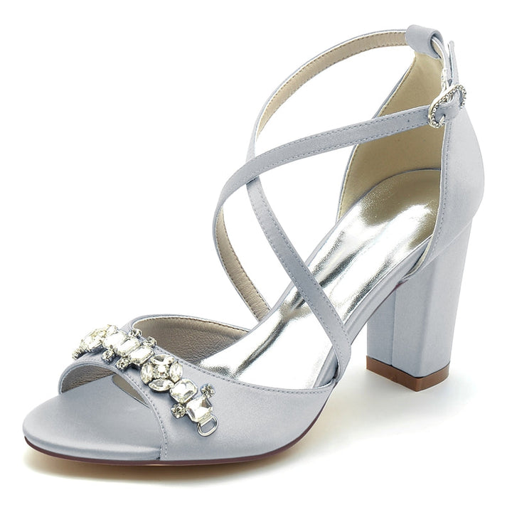 Women's Wedding Shoes Block Heel Crossed Strap Buckle Bridal Shoes with Rhinestone