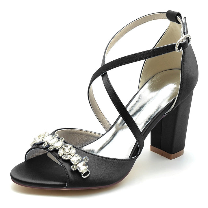 Women's Wedding Shoes Block Heel Crossed Strap Buckle Bridal Shoes with Rhinestone