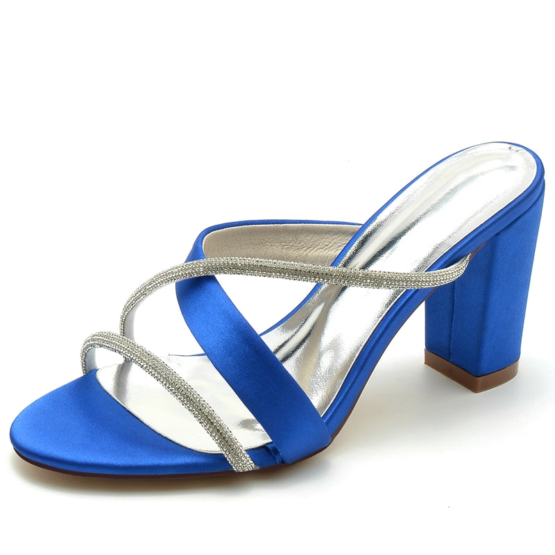 Women's Wedding Shoes Opened Toe Block Heel Crossed Strap Luxurious Bridal Shoes with Rhinestone