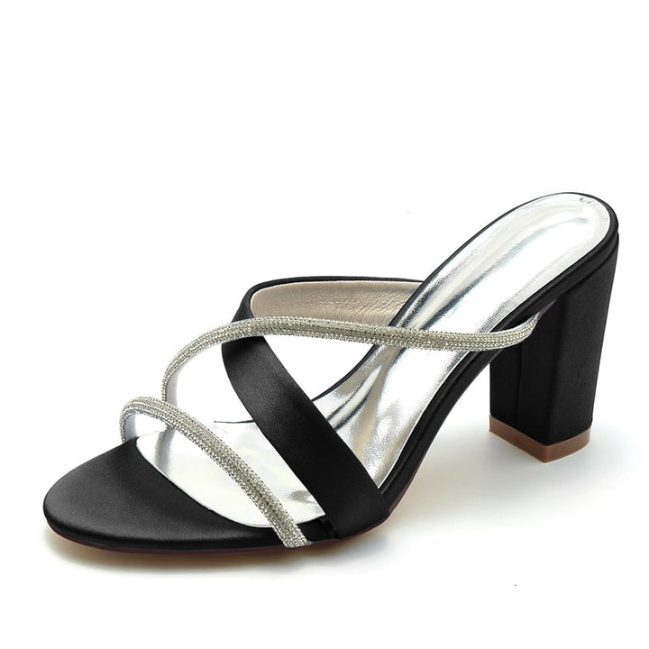 Women's Wedding Shoes Opened Toe Block Heel Crossed Strap Luxurious Bridal Shoes with Rhinestone