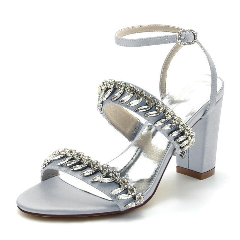 Women's Wedding Shoes Champagne Opened Toe Elegant Ankle Strap Bridal Shoes with Rhinestone