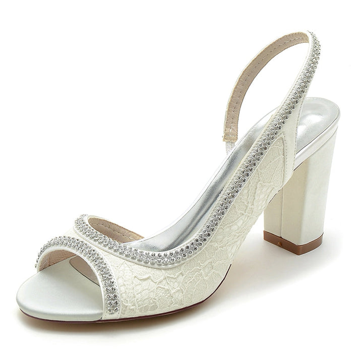 Women's Wedding Shoes Peep Toe High Heel Exquisite Lace Bridal Shoes with Rhinestone