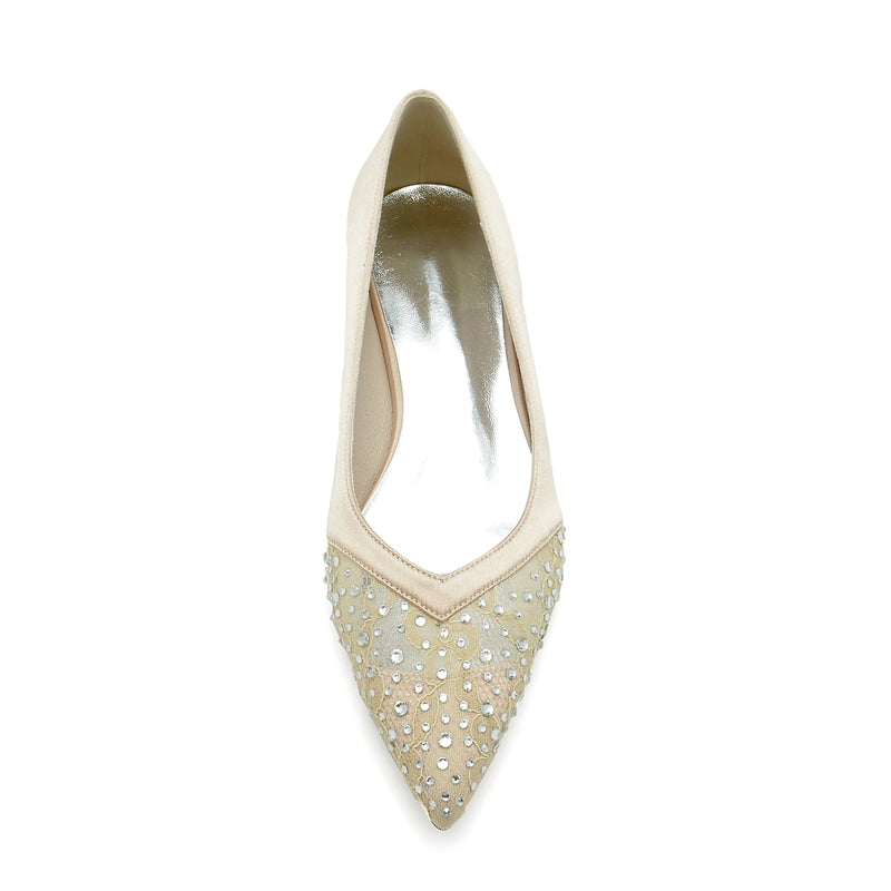 Women's Wedding Shoes Low Heel Pointed Toe Minimalist Bridal Shoes with Crystals