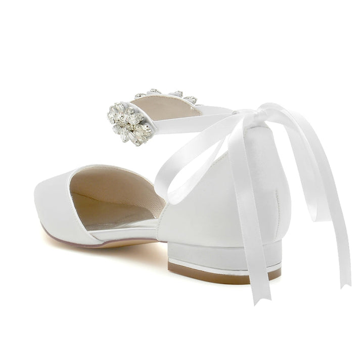 Women's Wedding Shoes Closed Toe Flat Heel Rhinestone High-End Buckle Bridal Shoes with Bow