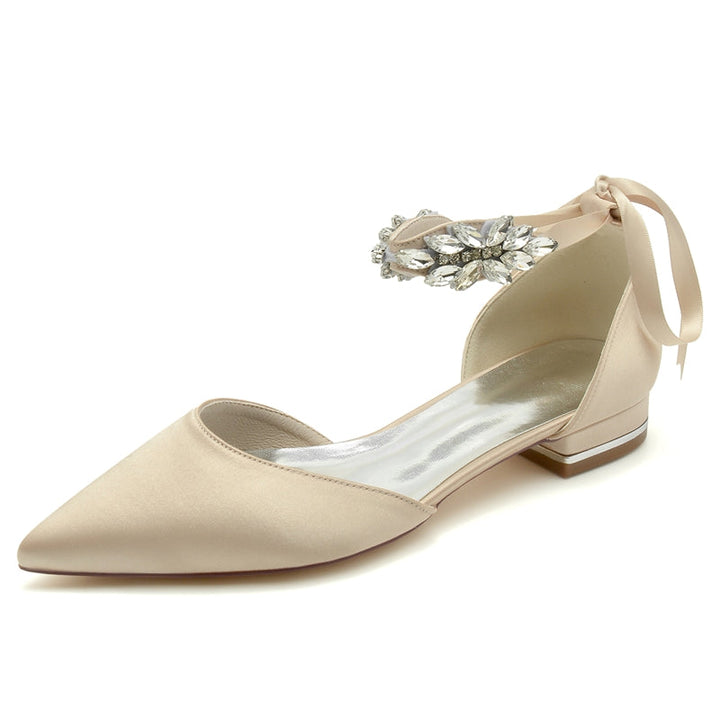 Women's Wedding Shoes Closed Toe Flat Heel Rhinestone High-End Buckle Bridal Shoes with Bow