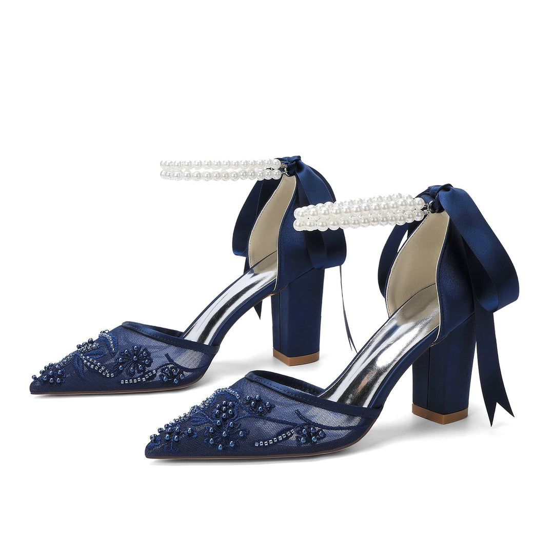 Women's Wedding Shoes Closed Toe High Heel High-End Buckle Bridal Shoes Beading with Pearl