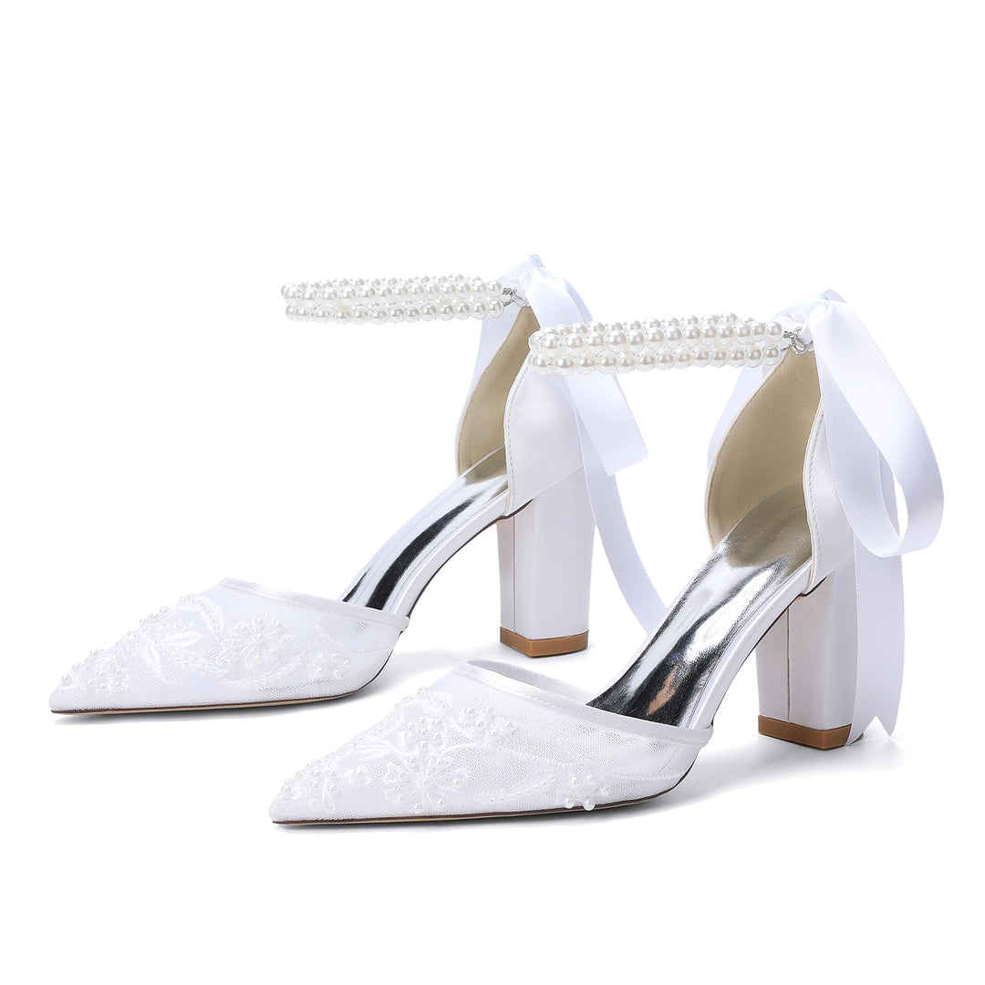 Women's Wedding Shoes Closed Toe High Heel High-End Buckle Bridal Shoes Beading with Pearl