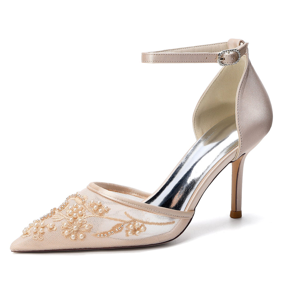 Women's Wedding Shoes Closed Toe High Heel High-End Buckle Bridal Shoes Beading