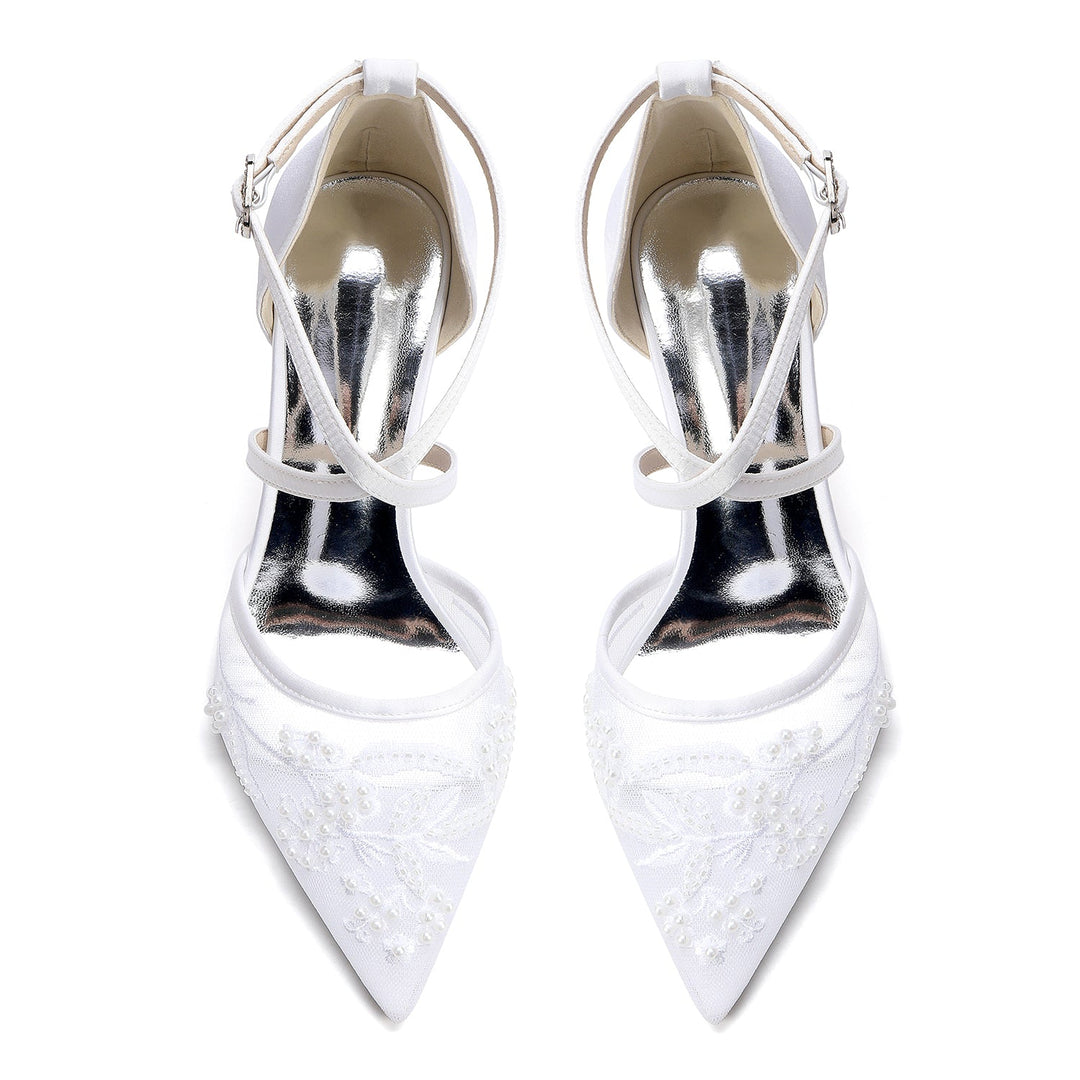 Women's Wedding Shoes Closed Toe High Heel High-End Buckle Bridal Shoes Crisscross Beading