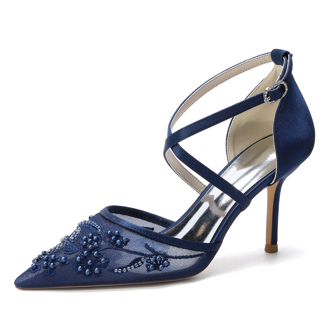Women's Wedding Shoes Closed Toe High Heel High-End Buckle Bridal Shoes Crisscross Beading
