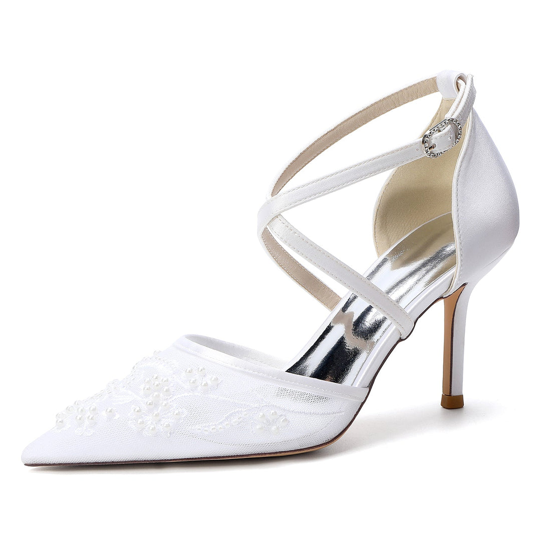 Women's Wedding Shoes Closed Toe High Heel High-End Buckle Bridal Shoes Crisscross Beading