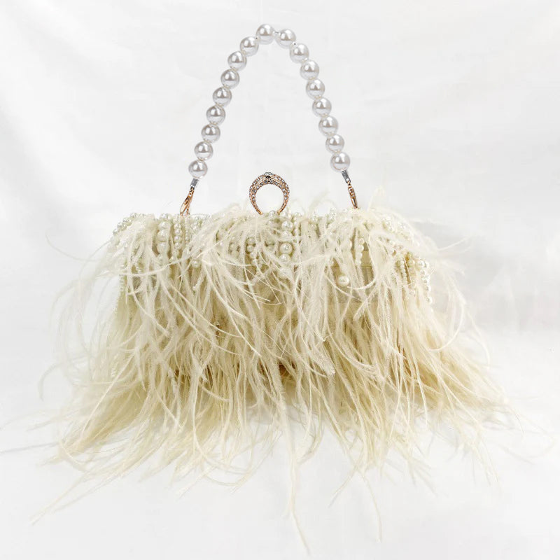 Pleated Chain Ostrich Feather Clutch Hand Bags