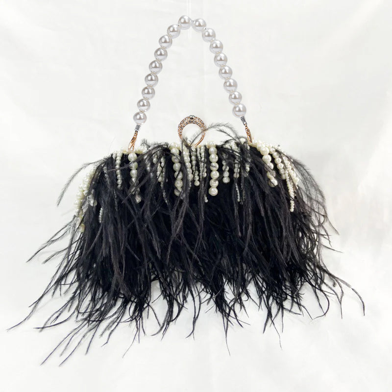 Pleated Chain Ostrich Feather Clutch Hand Bags