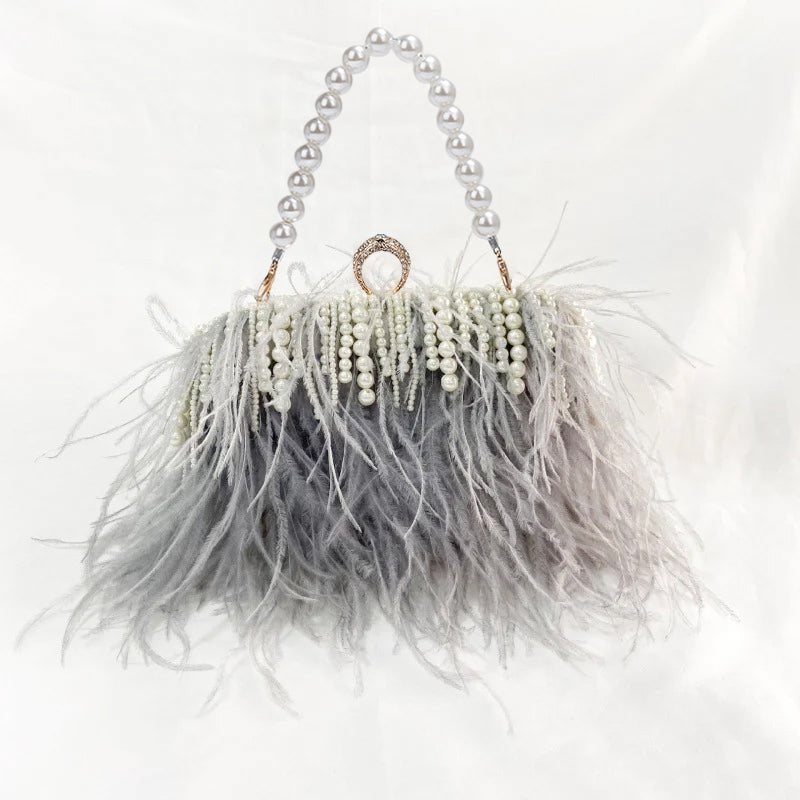 Pleated Chain Ostrich Feather Clutch Hand Bags