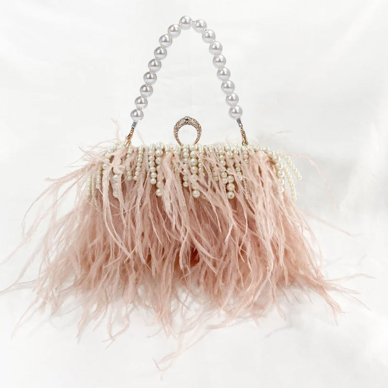 Pleated Chain Ostrich Feather Clutch Hand Bags