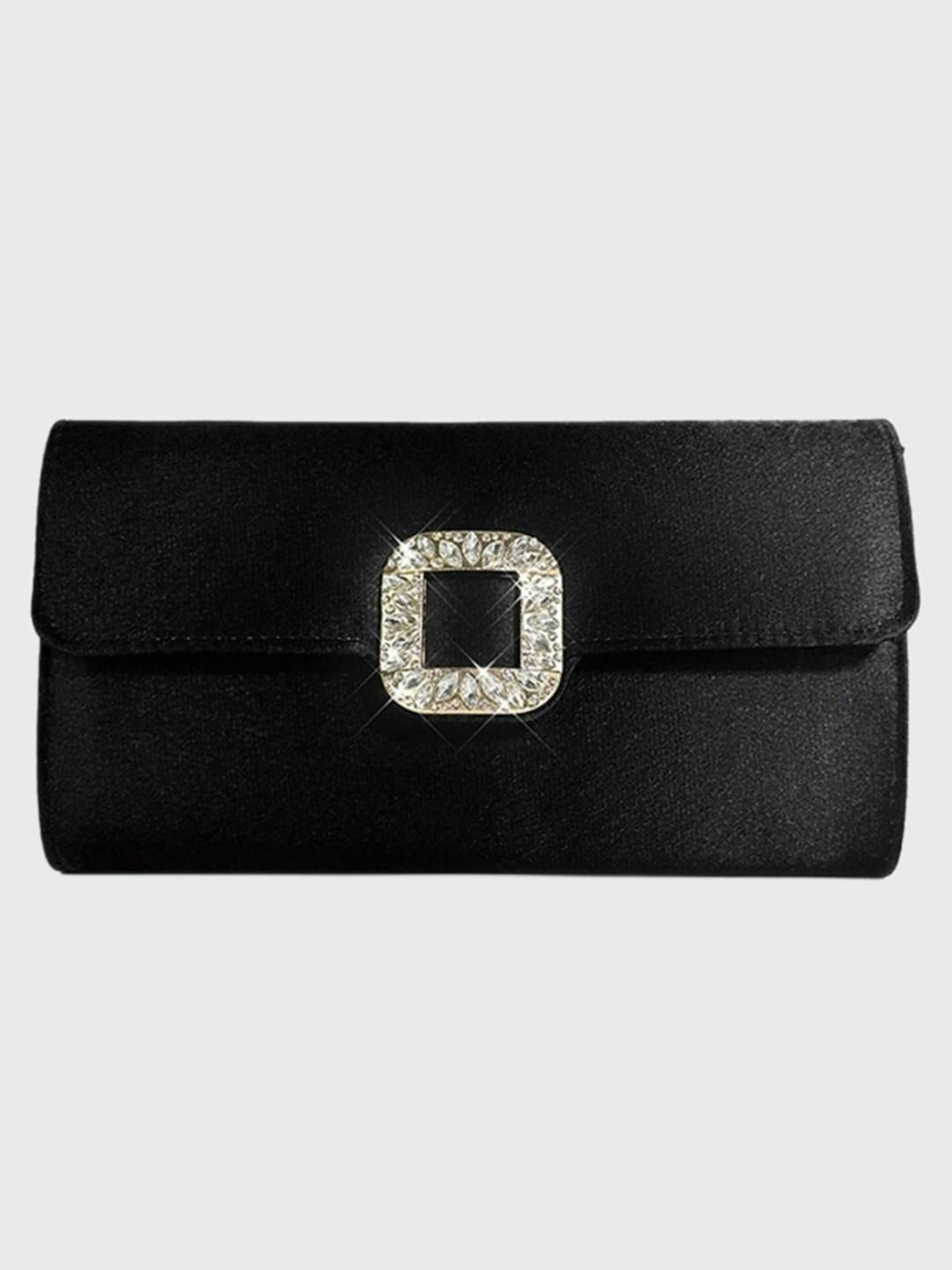 Black Satin Elegant Clutch Bag with Rhinestone Buckle