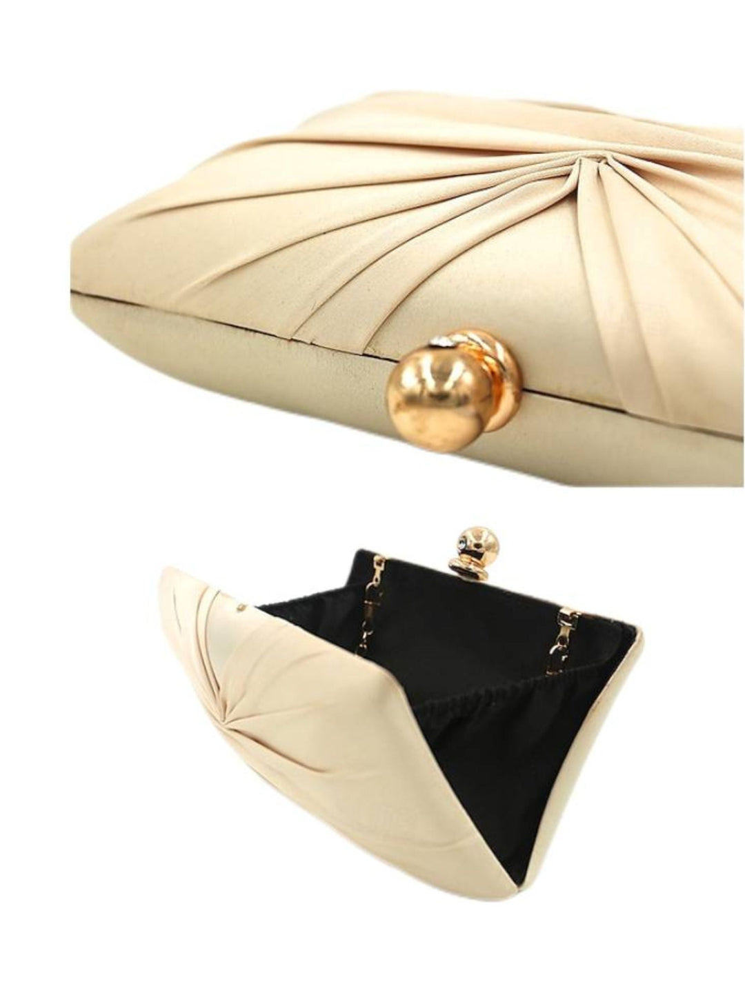 Elegant Satin Gold Chain Ruffle Clutch Bag with Crystal Clasp