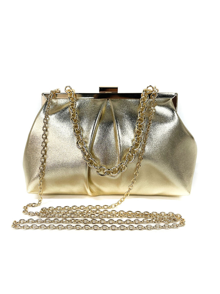 Gold Elegant Metallic Chain Clutch Bag With Ruffles