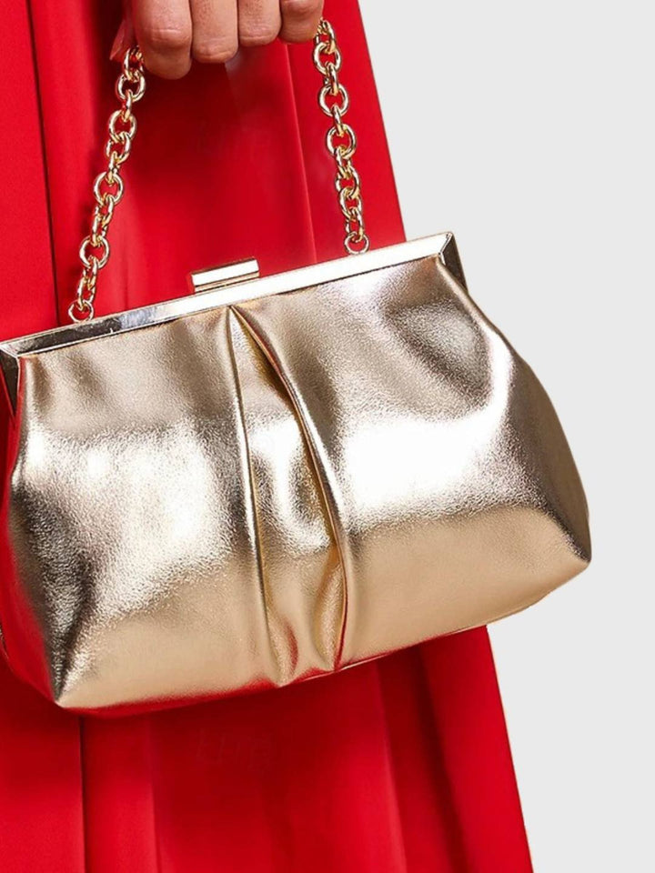 Gold Elegant Metallic Chain Clutch Bag With Ruffles