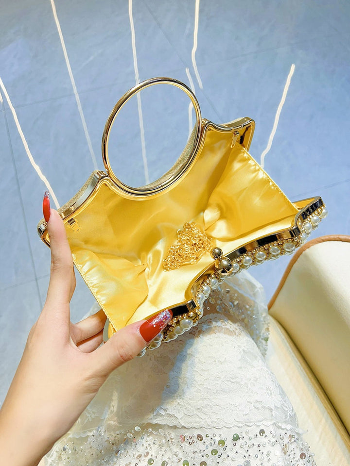 Gold Sector Elegant Luxury Pearl Evening Clutch Bag with Rhinestone