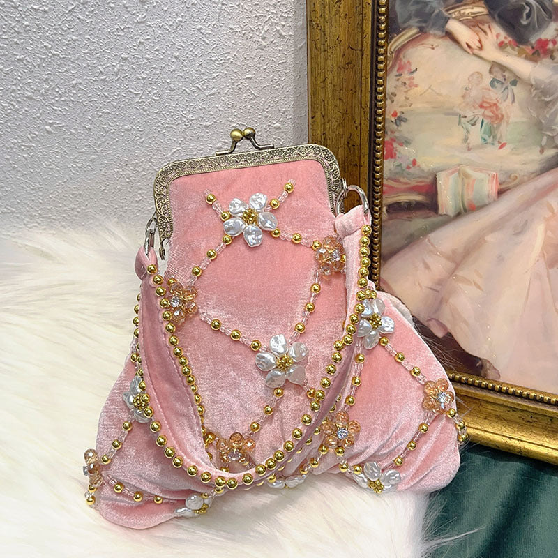 Pink Delicate Traditional Velvet Flower Evening Clutch Bag with Beadings