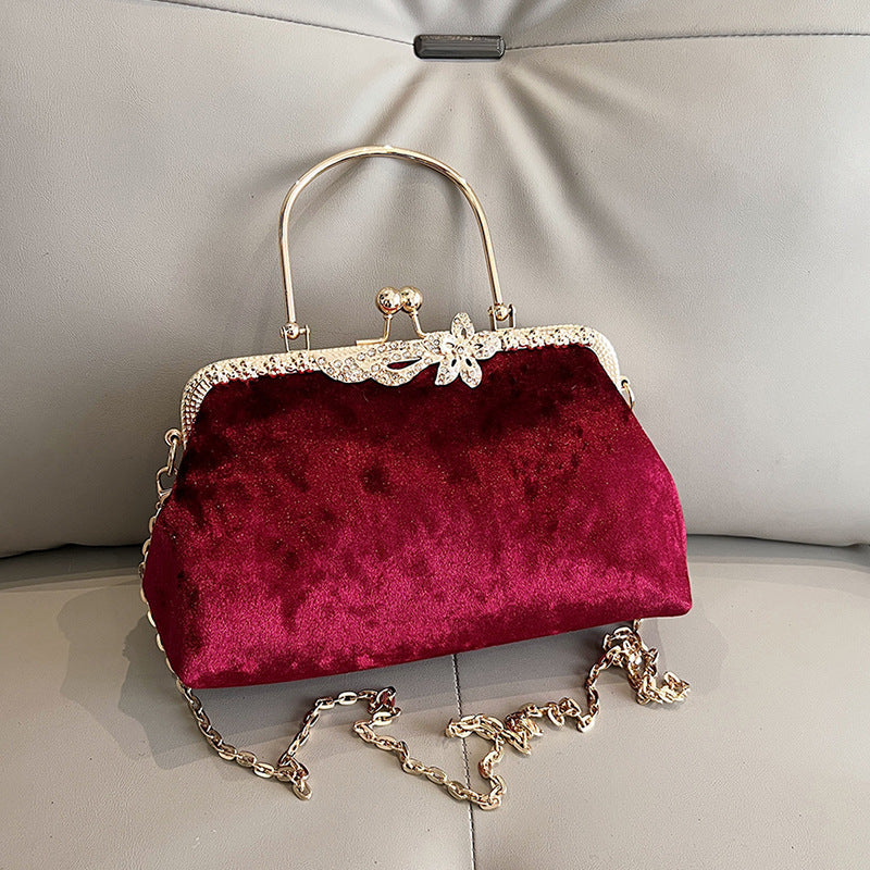 Wine Red Delicate Fashion Velvet High-End Evening Clutch Bag