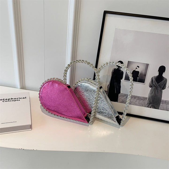 Silver Sweet Heart PU Fashion High-End Evening Clutch Bag with Rhinestone