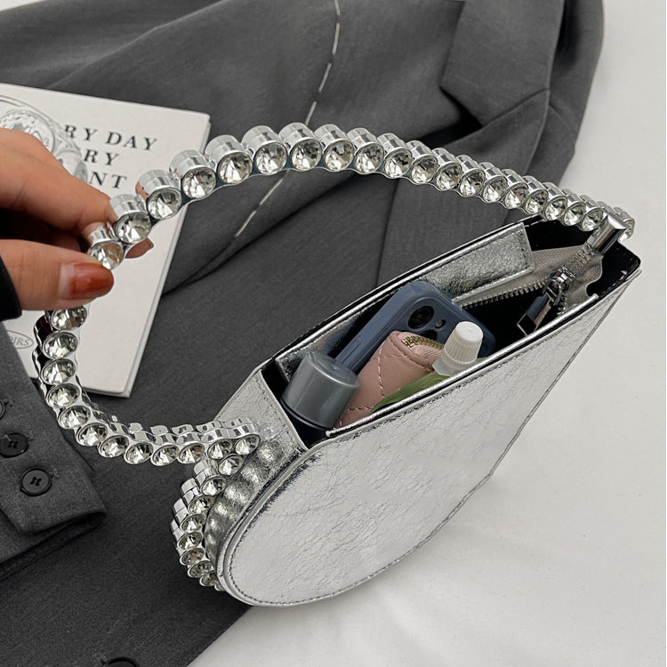 Silver Sweet Heart PU Fashion High-End Evening Clutch Bag with Rhinestone