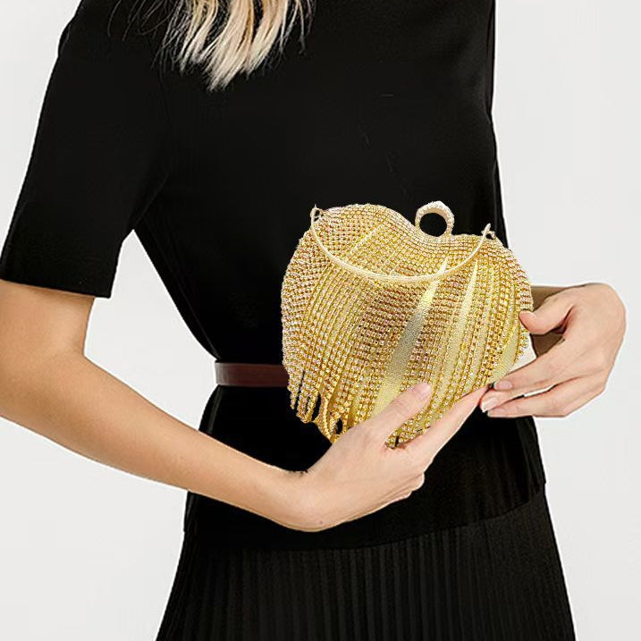 Gold Elegant Heart PU High-End Evening Clutch Bag with Rhinestone & Tassels