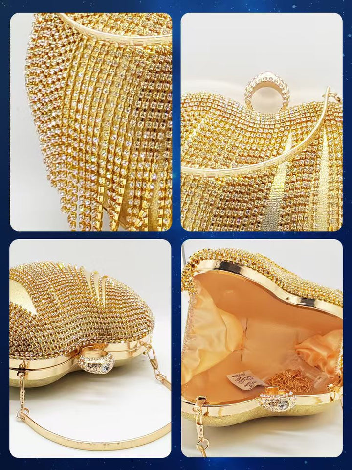 Gold Elegant Heart PU High-End Evening Clutch Bag with Rhinestone & Tassels