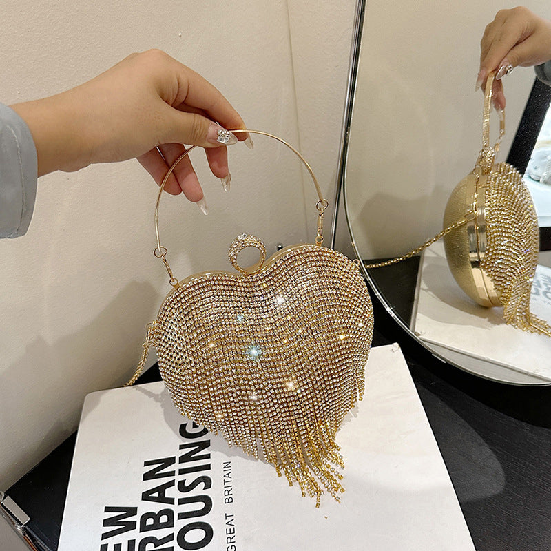 Gold PVC High-End Elegant Heart Daily Wedding Party Clutch Bag with Crystal Tassel