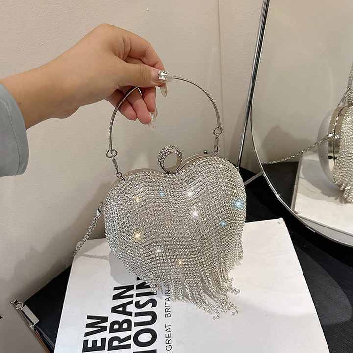 Gold PVC High-End Elegant Heart Daily Wedding Party Clutch Bag with Crystal Tassel