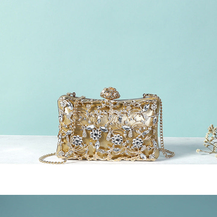 White Luxurious Delicate Square Evening Wedding Party Clutch Bag with Flower & Rhinestone