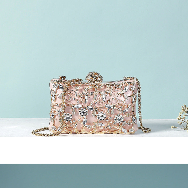 White Luxurious Delicate Square Evening Wedding Party Clutch Bag with Flower & Rhinestone