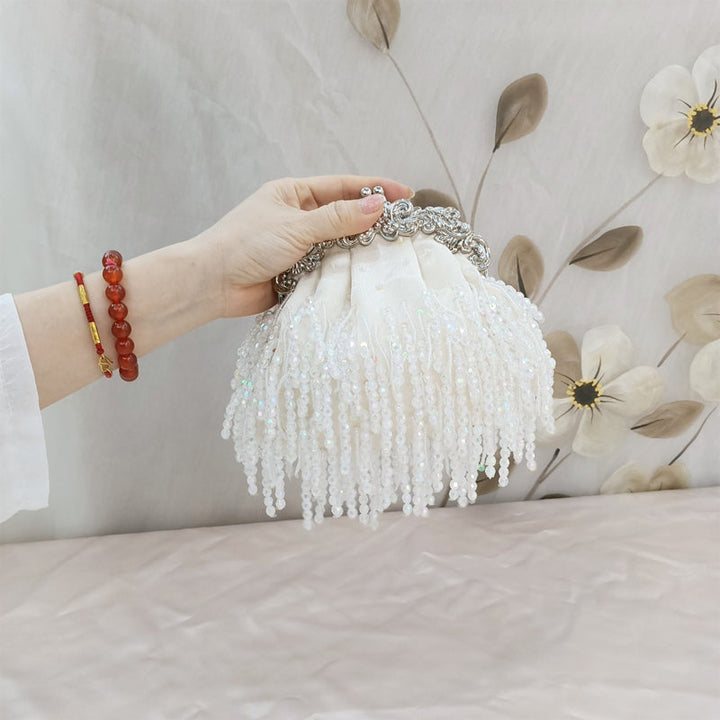 Beige Retro Silk Elegant Chain Evening Hand Bag with Beadings & Tassels
