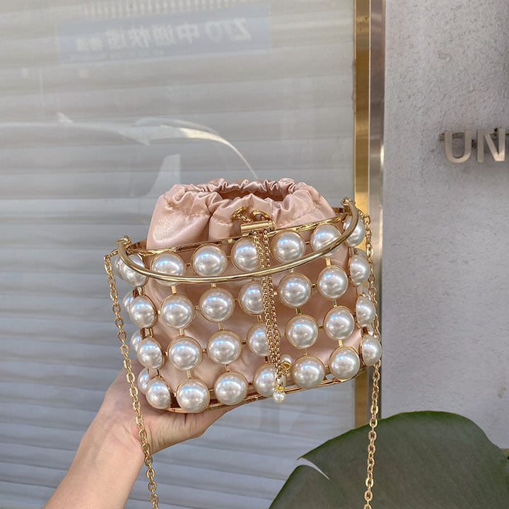 Champagne Elegant Velvet Wedding Party Evening Chain Clutch Bag with White Pearls