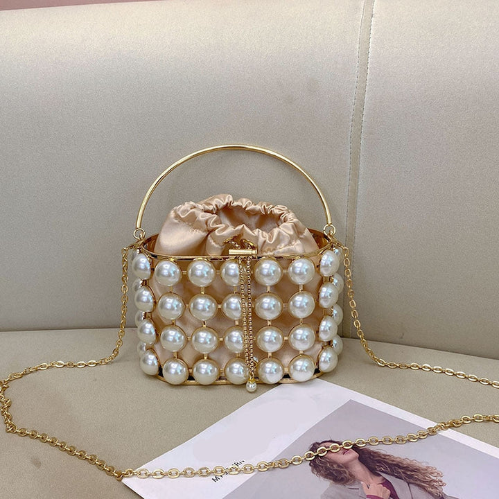 Champagne Elegant Velvet Wedding Party Evening Chain Clutch Bag with White Pearls