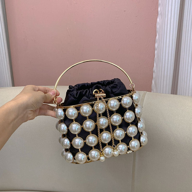 Champagne Elegant Velvet Wedding Party Evening Chain Clutch Bag with White Pearls