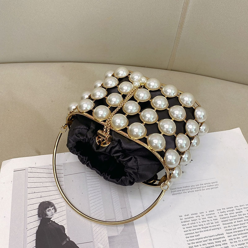 Champagne Elegant Velvet Wedding Party Evening Chain Clutch Bag with White Pearls