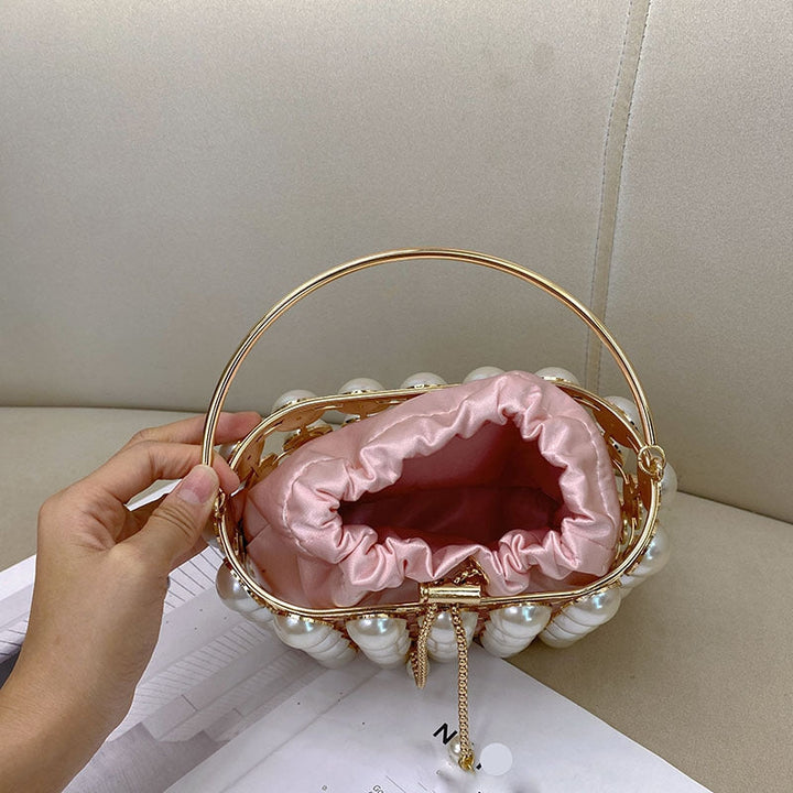 Champagne Elegant Velvet Wedding Party Evening Chain Clutch Bag with White Pearls