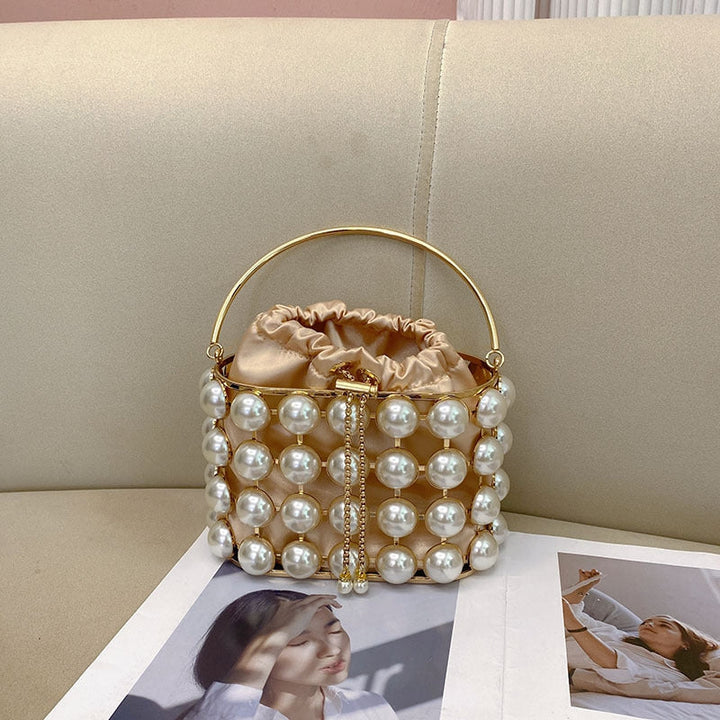 Champagne Elegant Velvet Wedding Party Evening Chain Clutch Bag with White Pearls