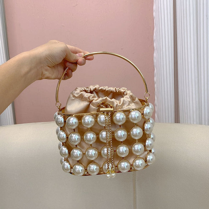 Champagne Elegant Velvet Wedding Party Evening Chain Clutch Bag with White Pearls
