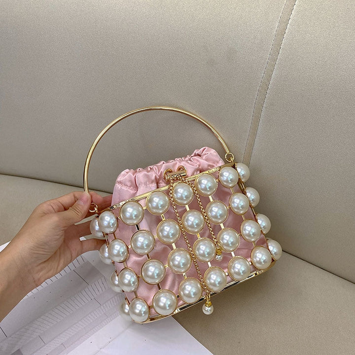 Champagne Elegant Velvet Wedding Party Evening Chain Clutch Bag with White Pearls