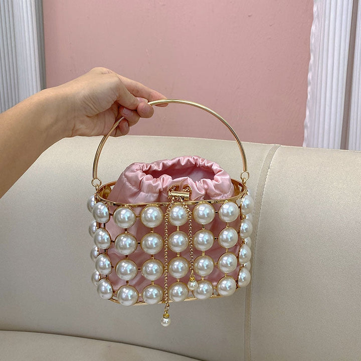 Champagne Elegant Velvet Wedding Party Evening Chain Clutch Bag with White Pearls