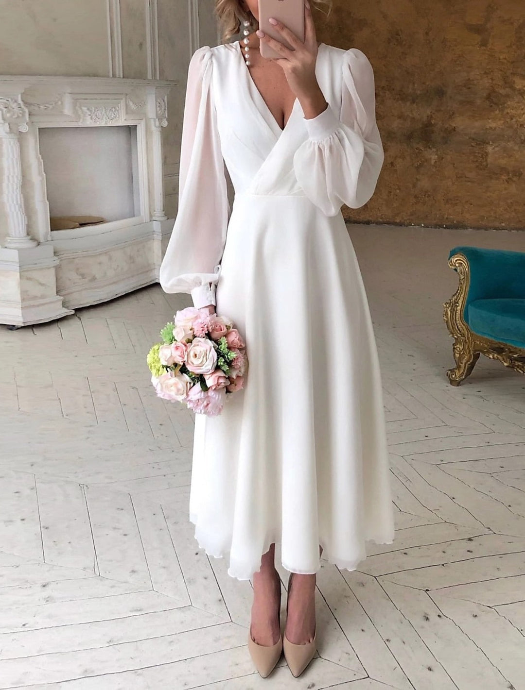 A-Line/Princess V-Neck Tea-length Wedding Dress - Mondressy UK A-Line/Princess V-Neck Tea-length Wedding Dress - Mondressy UK
