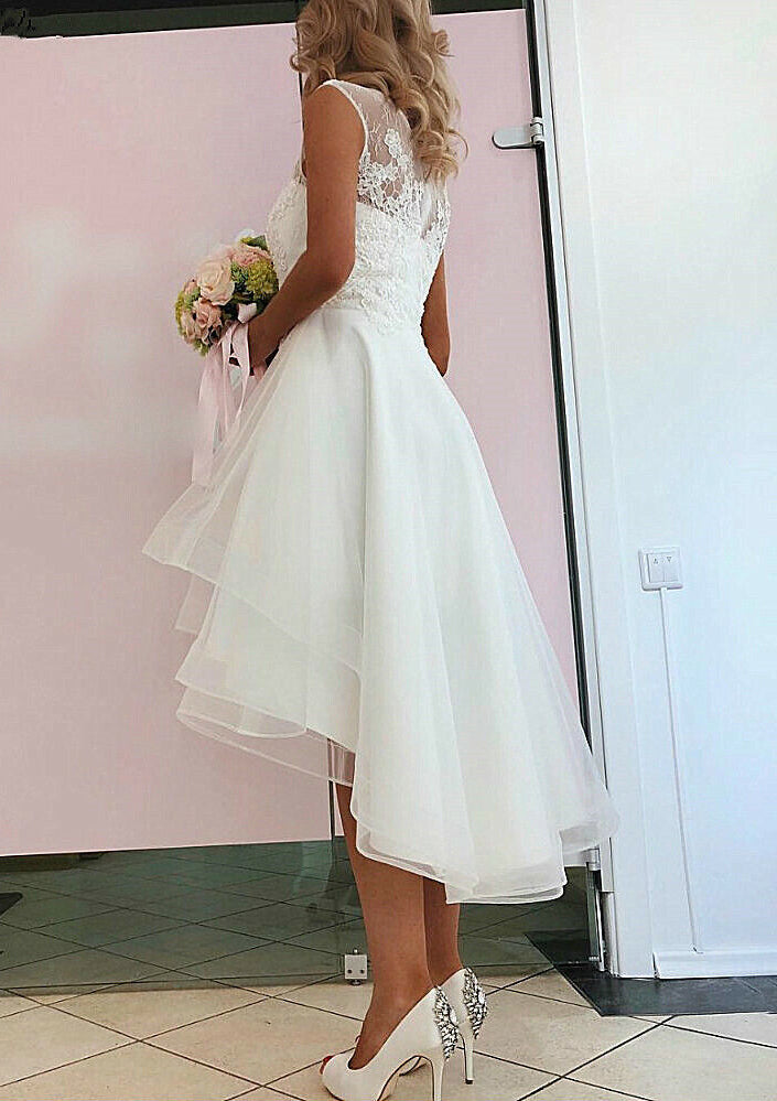 A-Line/Princess Scoop Asymmetrical Lace Wedding Dress