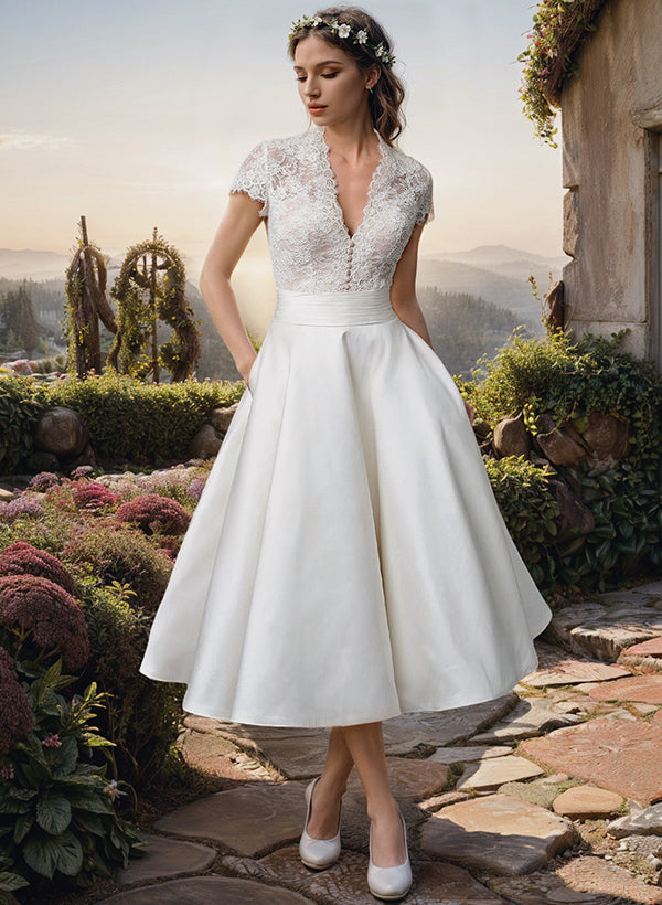 Ball Gown V-Neck Tea-Length Lace Wedding Dress