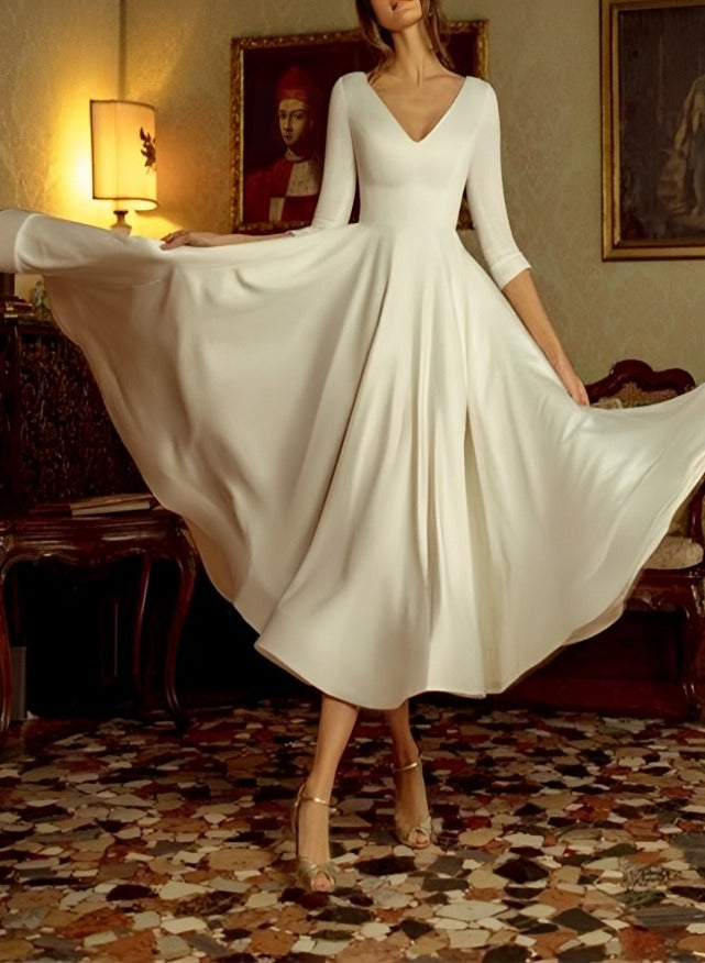 A-Line/Princess V-Neck Tea-Length Wedding Dress