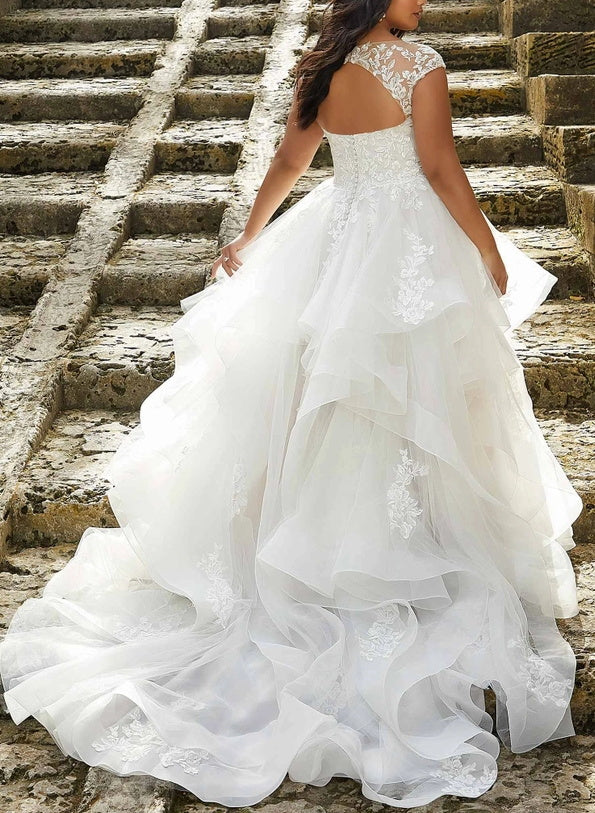 A-Line/Princess V-Neck Plus Size Lace Wedding Dress with Applique & Ruffles